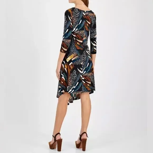 Robbie Bee Petite 3/4-Sleeve Asymmetrical-Hem Dress Teal Multi Women’s Sz PM - Picture 6 of 10